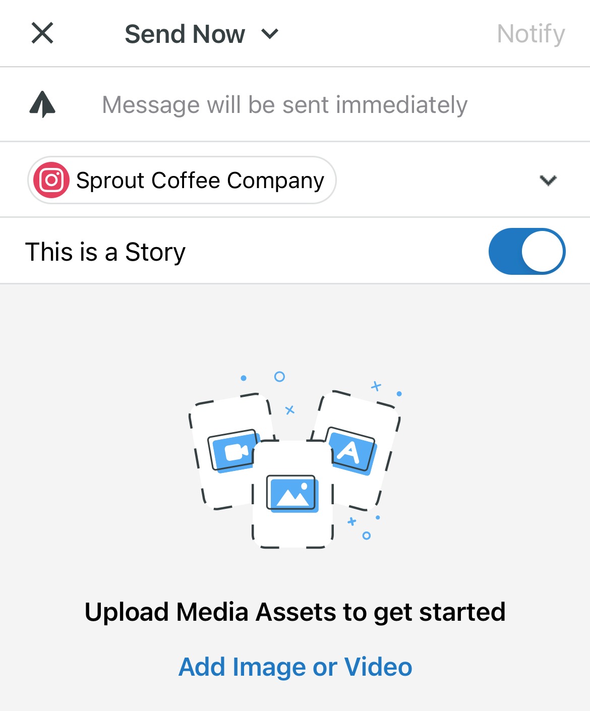 The media assets upload screen in Sprout Social’s iOS app Instagram Story scheduling tool.