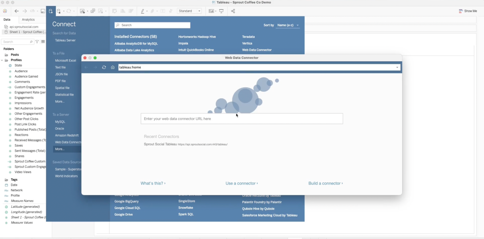 The images shows the pop up screen that asks for your Web Data Connector. You'll get this once you've used your Sprout API token to set up the Tableau Connector and then log into Tableau.