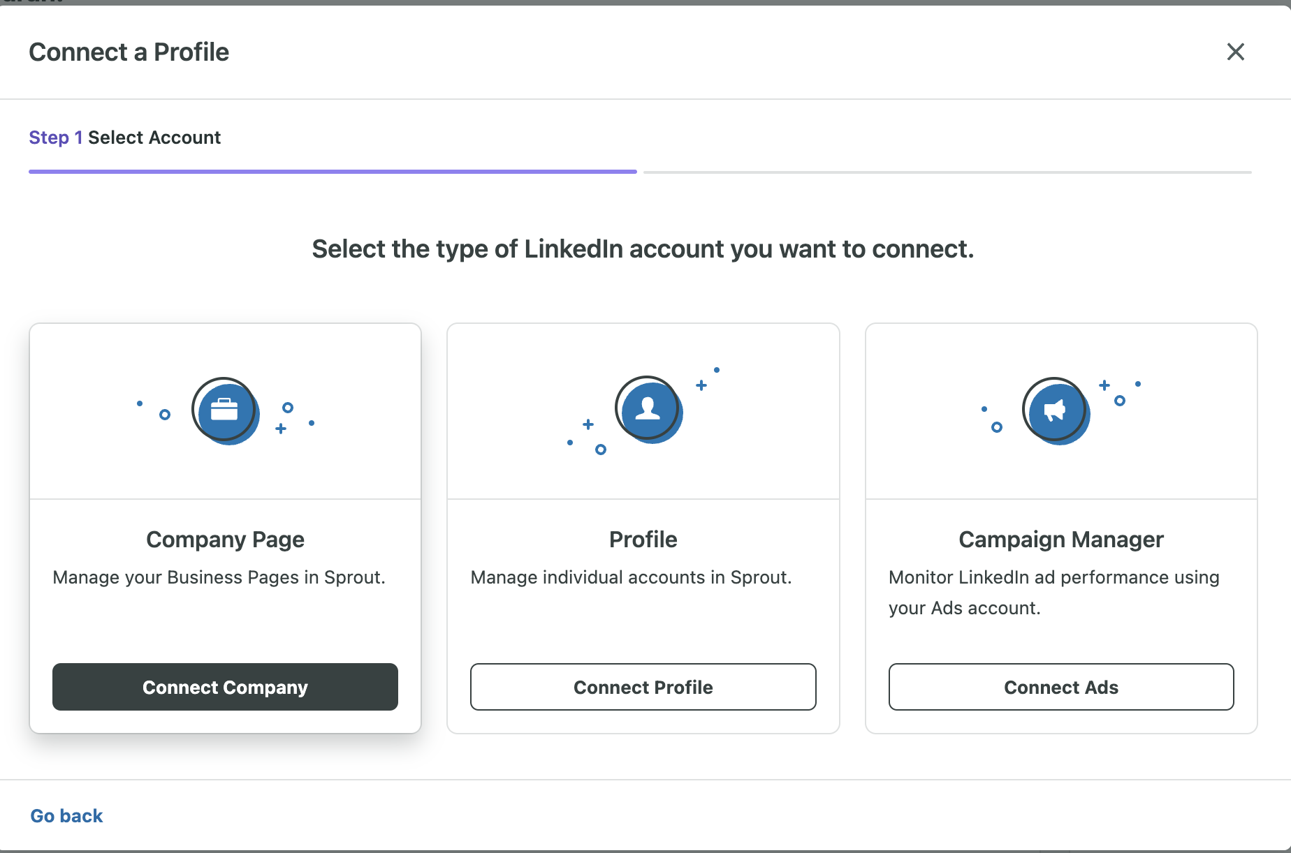 Screen grab of LinkedIn Connect Company Screen in Sprout Social