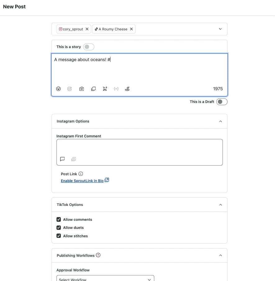 Gif of Sprout Social's Compose box with Suggested Hashtags feature, with a list of related Instagram and TikTok hashtags appearing as you begin to add hashtags.