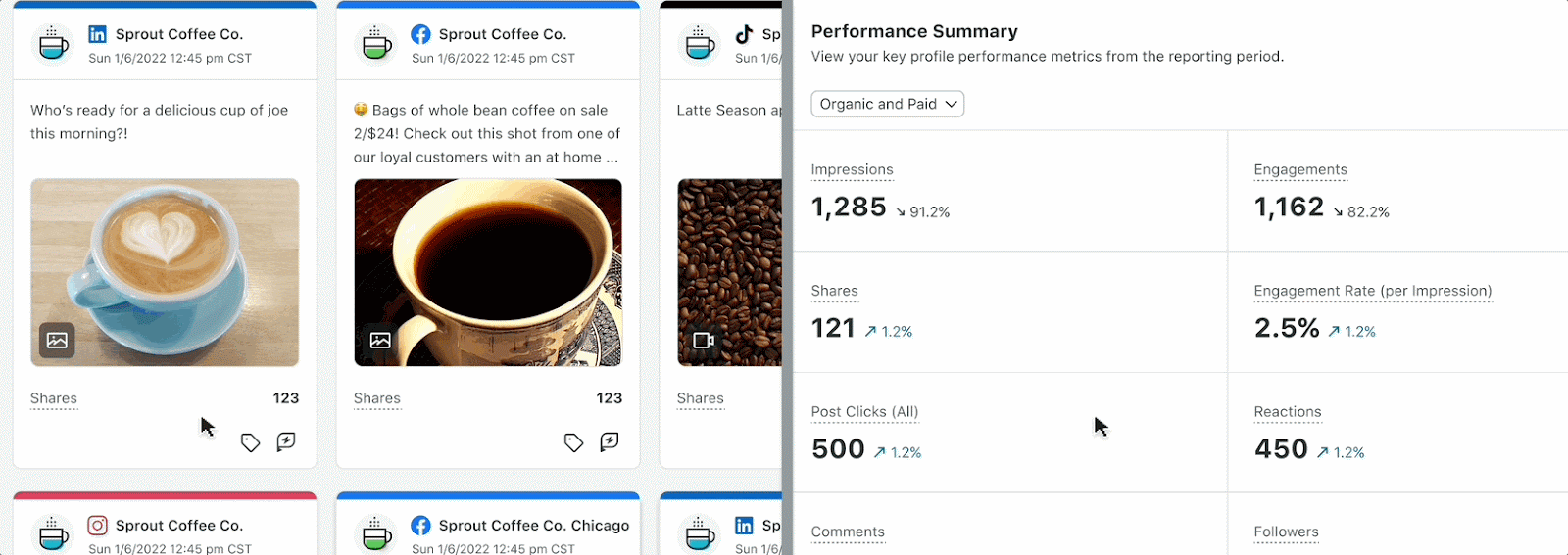 GIF showing a user hovering over a metric in Sprout to reveal if it uses Lifetime or Reporting Period data.