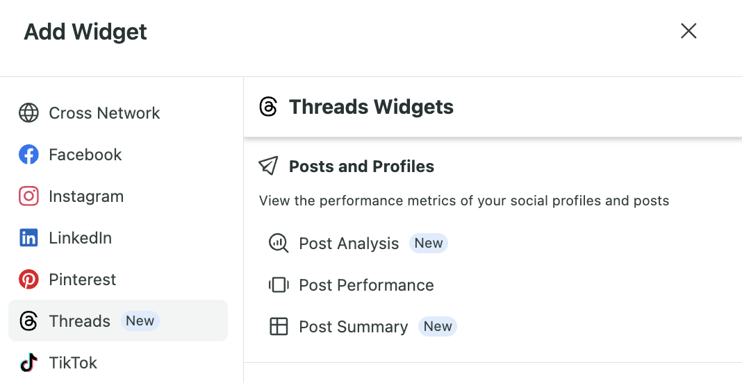 Sprout Social Threads widget options to add to Premium Analytics My Reports.