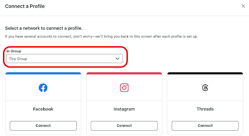Sprout Social’s interface shows group selection and options to connect Facebook, Instagram or Threads profiles.
