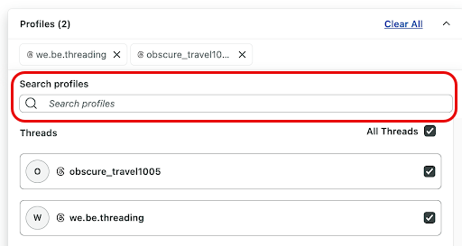 Sprout’s profile picker interface shows a search bar and selected Threads profiles with checkmarks.