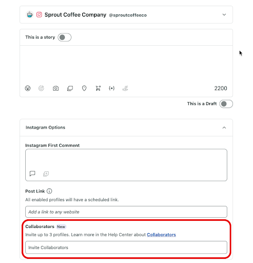 Sprout Social compost box with a red box outlining where users can add Instagram accounts who'd they'd like to collaborate with.