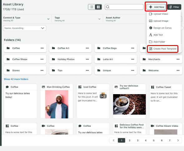 Sprout’s Asset Library, which includes pre-approved social post templates organised by folders and tags