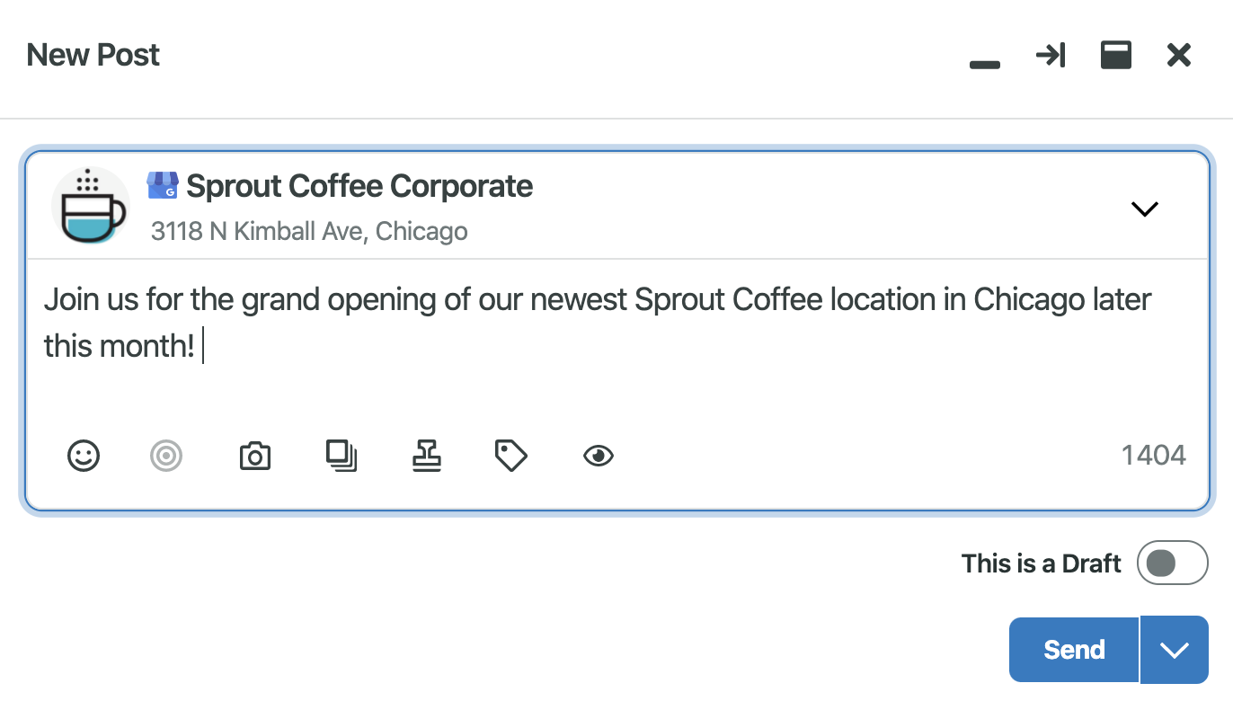 Screenshot of setting up a Google My Business message and update in Sprout.