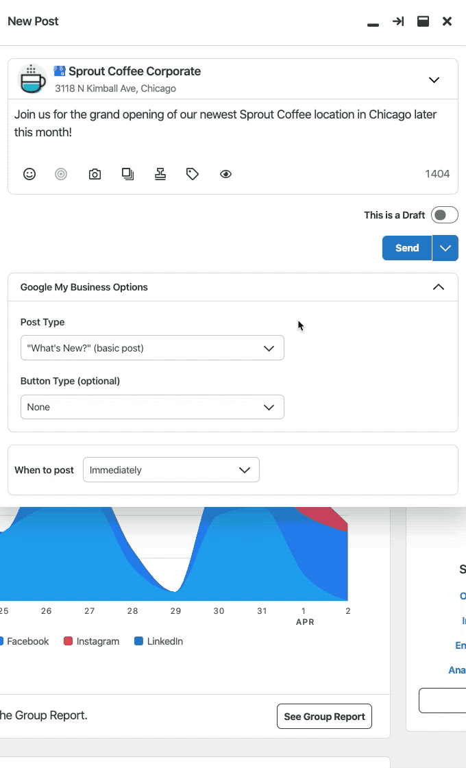 Gif of using Sprout to publish a GBM or Google My Business Event.