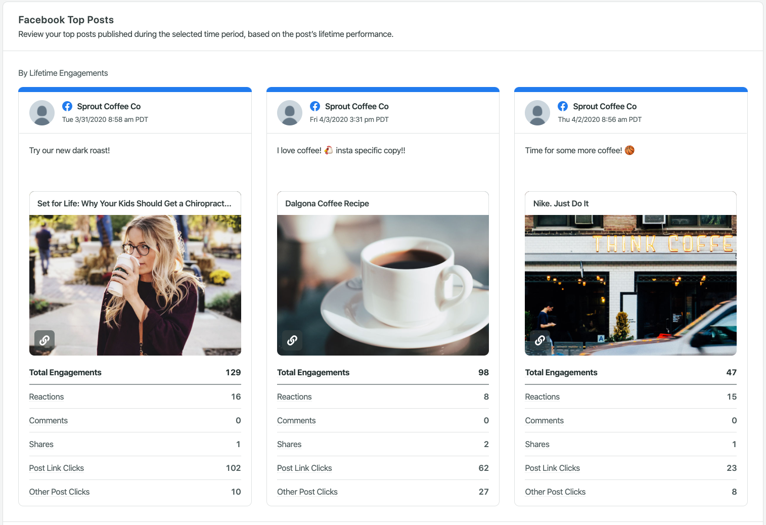 Screenshot of Sprout Social Facebook Top Posts Report showing three top Facebook posts in terms of total engagements.