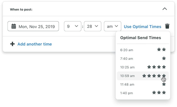 Sprout's Optimal Send Times takes the guesswork out of scheduling by determining the optimal times to publish content based on when your audience is most active.