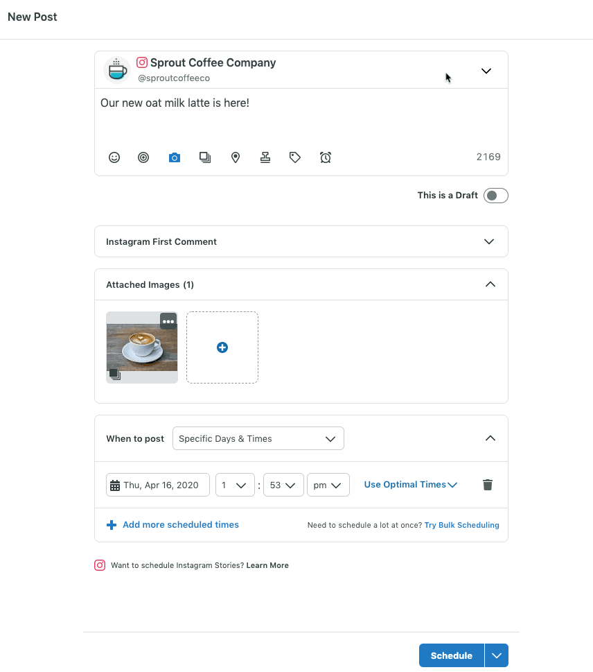 GIF highlighting how to use Sprout Social to add relevant hashtags saved by campaign or content theme.