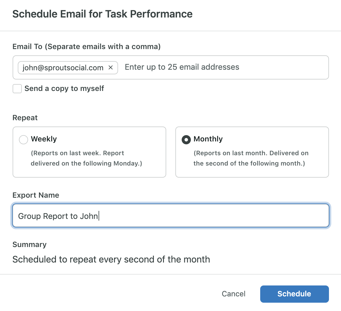 Sprout's report scheduling feature