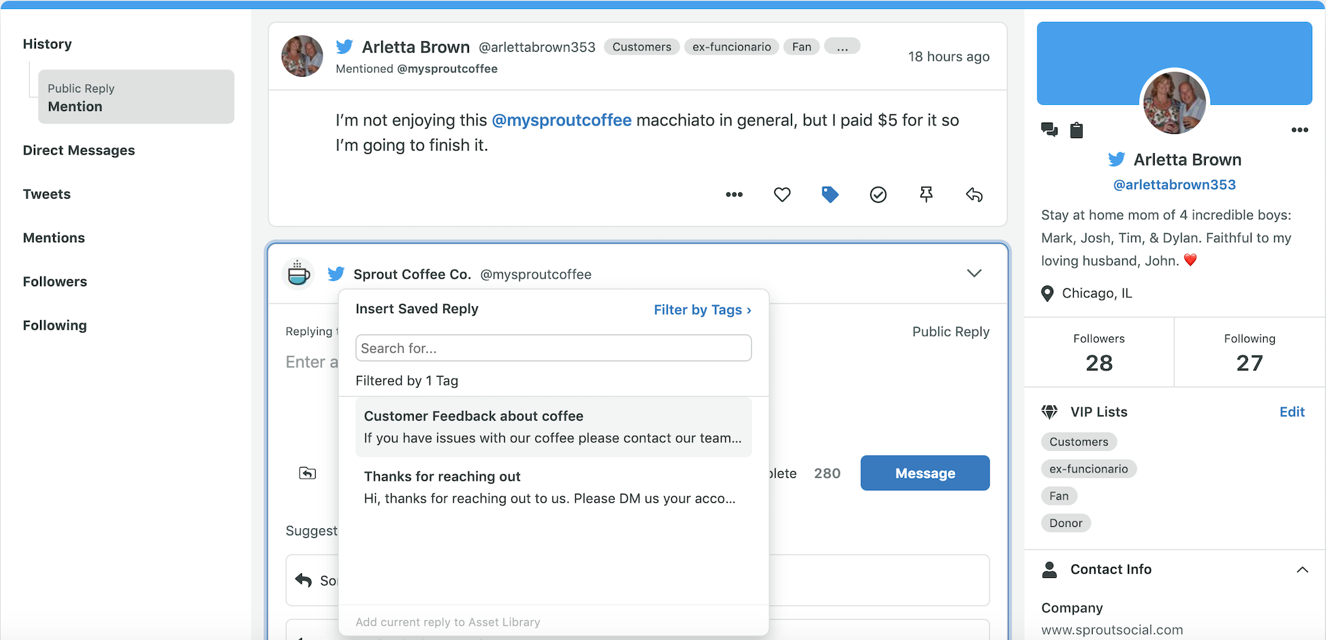 Screenshot example of Sprout Social saved replies feature by message tag.