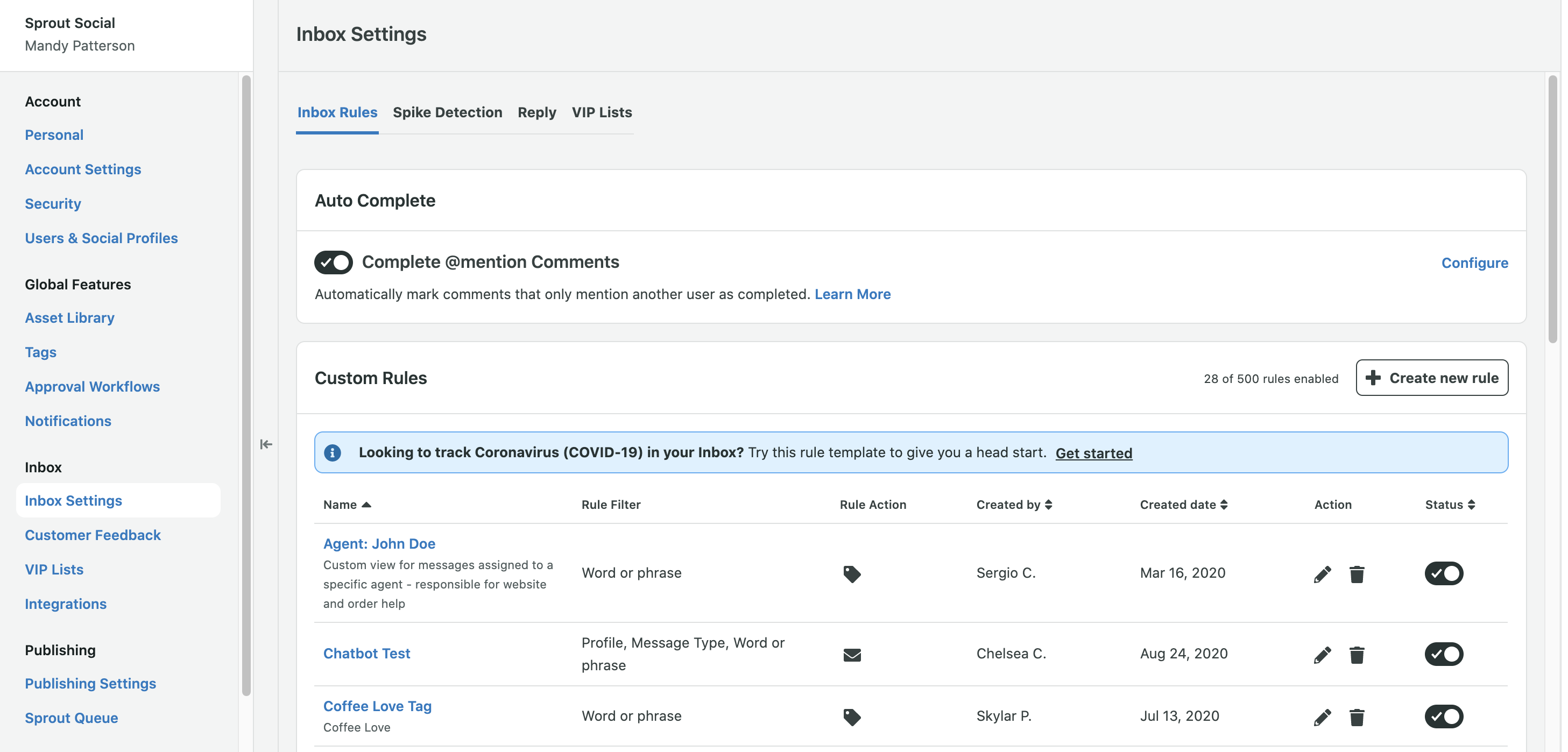 Inbox Rules Sprout Social Support