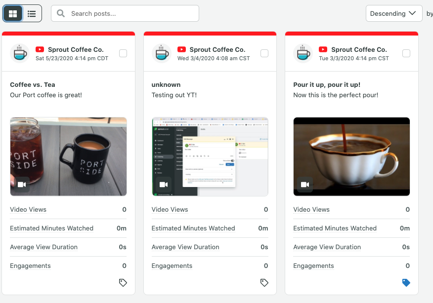 Screenshot of Sprout Social's YouTube Videos Reports showing video views and engagement.