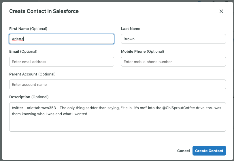 crear un contacto de Salesforce en Sprout Social