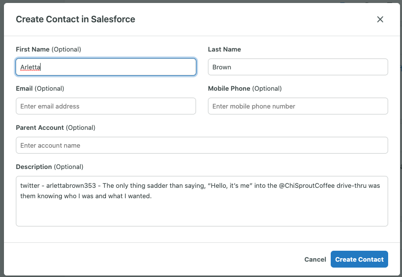 Create a Salesforce Contact in Sprout Social