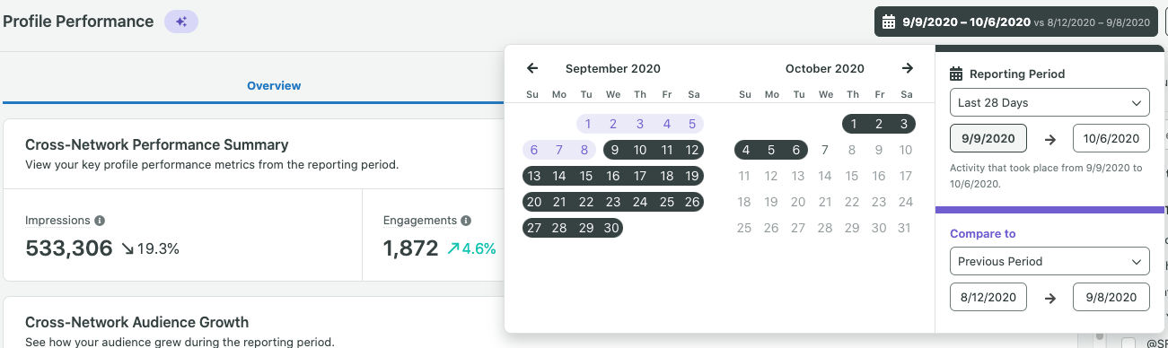 Screenshot showing an open date range filter within the Sprout Social web application. This filter allows users to apply report filters, making it easier to collect performance benchmarks. 