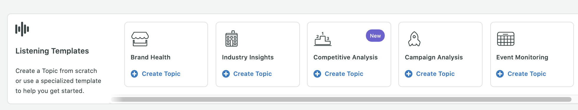 The Listening Templates section of Sprout Social's Query Builder. Templates include Brand Health, Industry Insights, Competitive Analysis, Campaign Analysis and Event Management. 