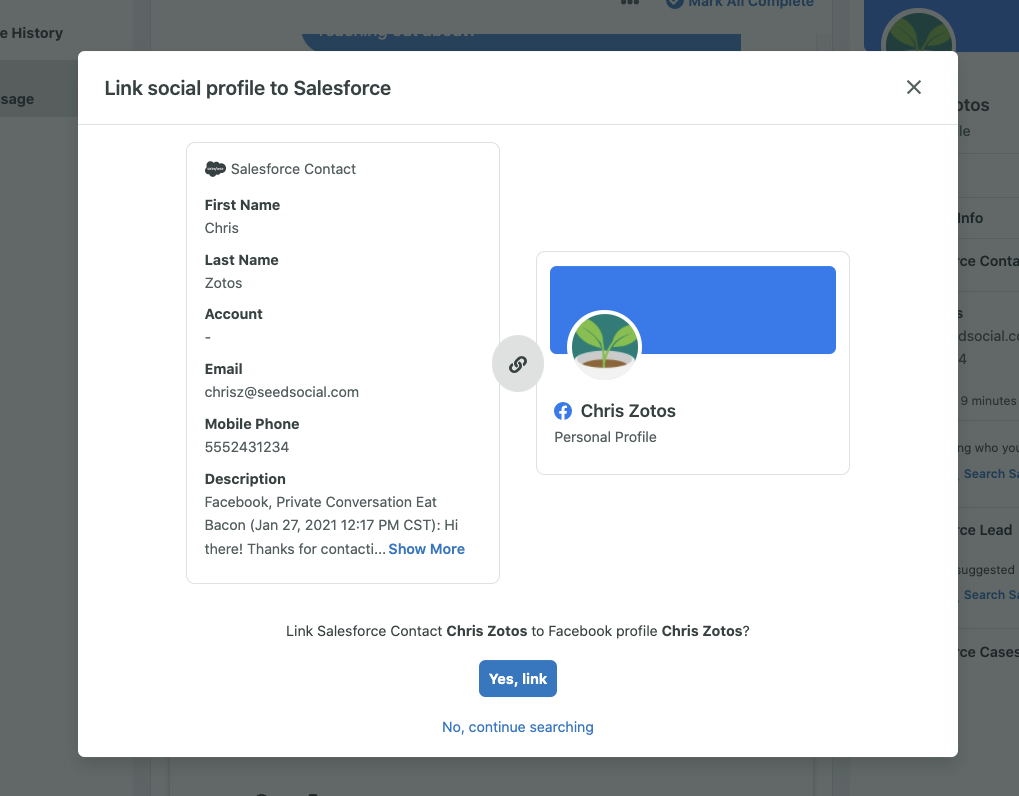 A screenshot of a Sprout Social dialog box prompting a user to link a social profile to Salesforce. 