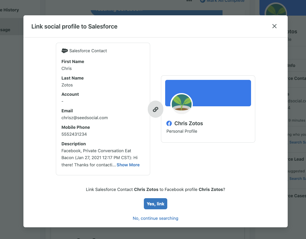 The Link Social profile to Salesforce window open in Sprout Social, which allows users to link Salesforce contacts to social profiles. 