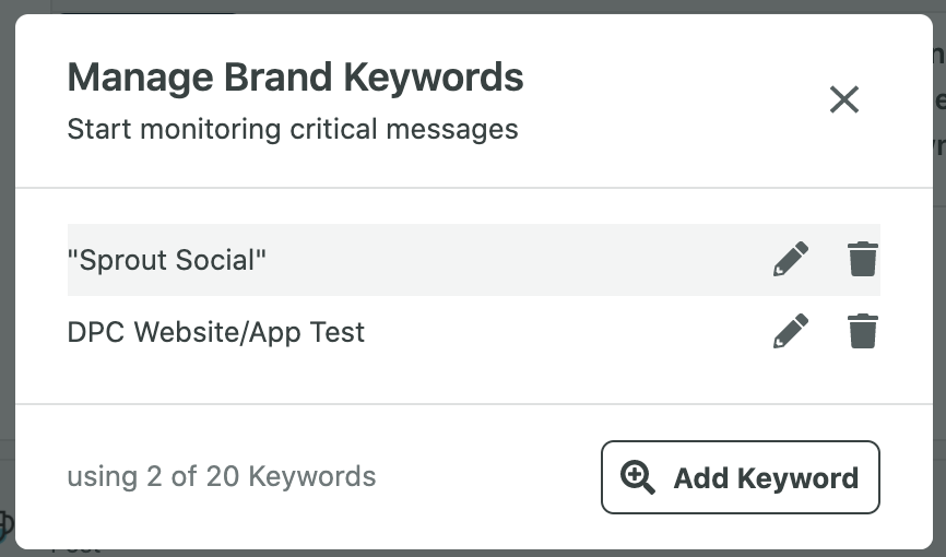 A screenshot of the Manage Brand Keyword dialog box, which is where Sprout users can go to set up new Brand Keywords in their Smart Inbox.