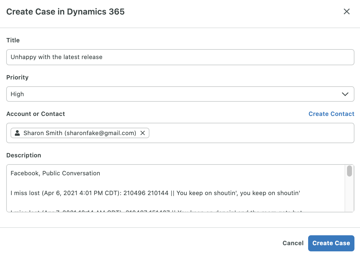 The Create Case in Dynamics 365 window open in Sprout Social, which allows users to create customer service cases in Microsoft Dynamics 365 through Sprout Social. 