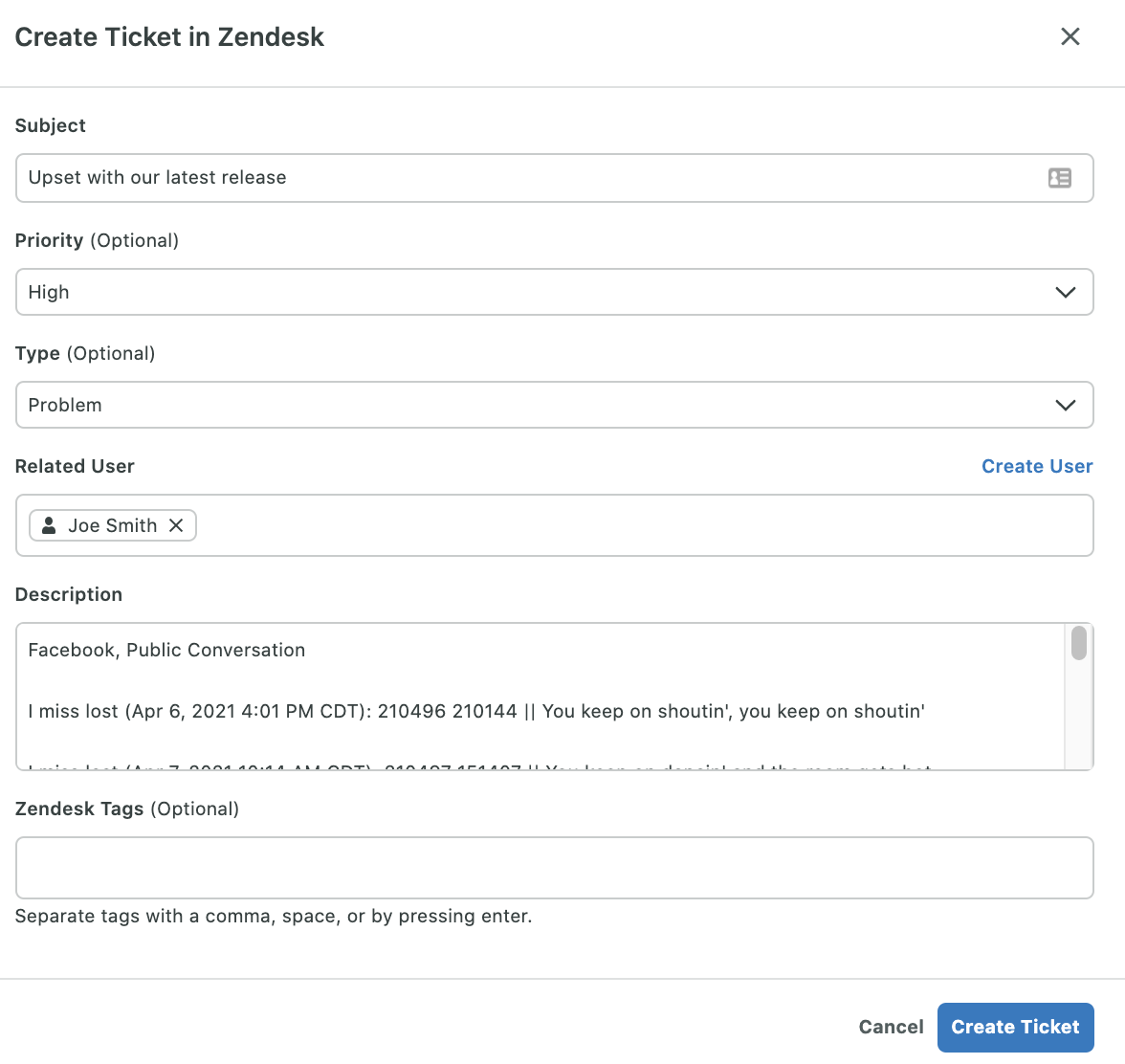 Sprout's Zendesk integration dashboard where care teams can create tickets and assign priority, tags and provide a description of the issue.