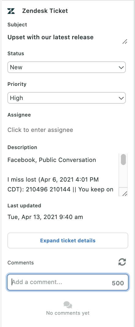 A screenshot of the Zendesk Integration dialog box in Sprout Social, which allows users to create a support ticket within the platform. 