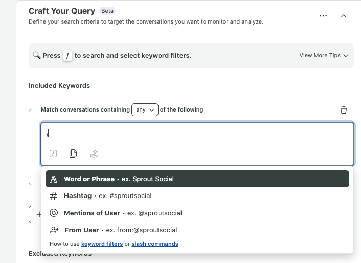 Sprout’s Listening Topic Query Builder showing keyword filters for word or phrase, hashtag and user mentions