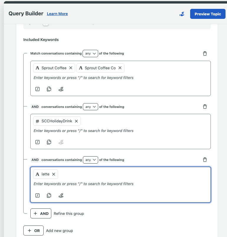 Sprout Social Listening Query Builder screen shows included and excluded keyword options for a new topic
