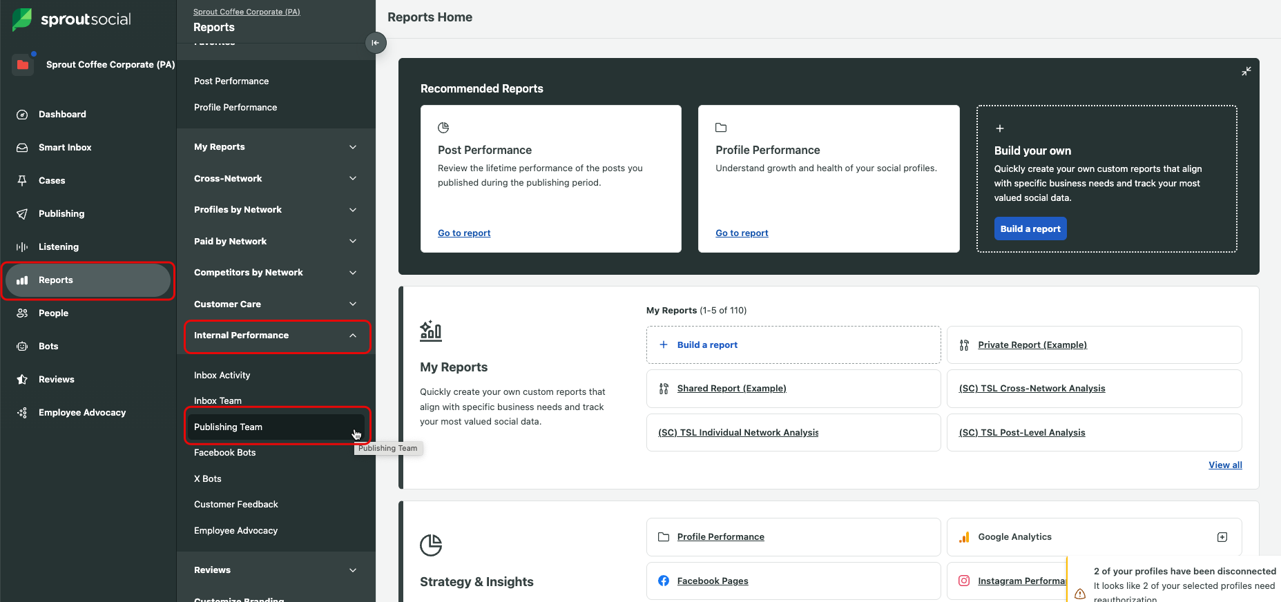 Screenshot showing the navigation path of to access the Publishing Team Report.