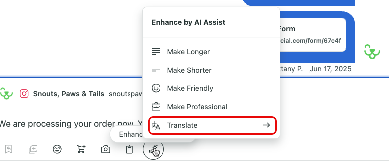 Screenshot showing the Translate option within Enhance by AI Assist.