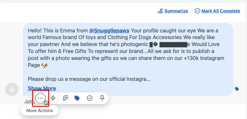 Screenshot showing the three-dots icon for More Actions at the bottom of a message.
