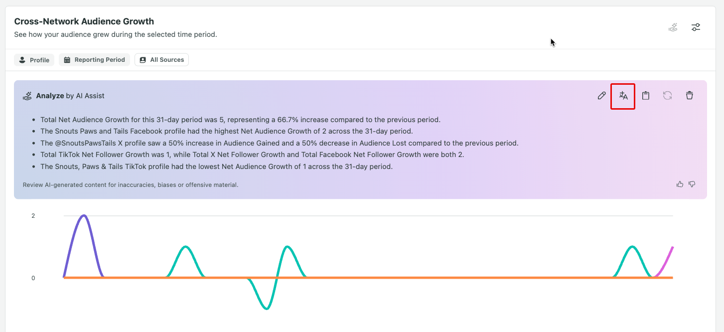 Screenshot showing the Translate icon within an Analyze by AI Assist report.