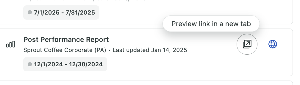 Screenshot showing a shareable link created for a Post Performance Report in Sprout Social. The tooltip “Preview link in a new tab” appears above the external link icon, indicating the option to open the report in a separate browser tab.