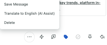 Screenshot of the message actions menu in Sprout Social, showing options to Save Message, Translate to English (AI Assist), and Delete. 