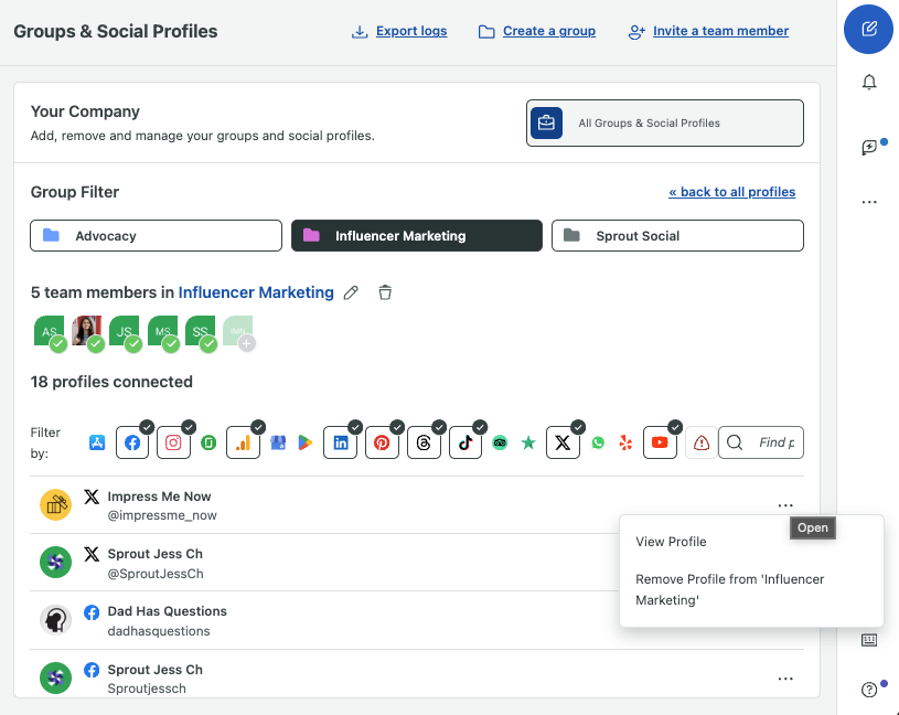 Screenshot of the Sprout Social “Groups & Social Profiles” page with the Influencer Marketing group selected. Below the group filter and team‑member avatars is a list of 18 connected profiles. The cursor has clicked the three‑dot menu on the Sprout Jess Ch (@SproutJessCh) entry, opening a context menu with two options: View Profile and Remove Profile from ’Influencer Marketing.’
