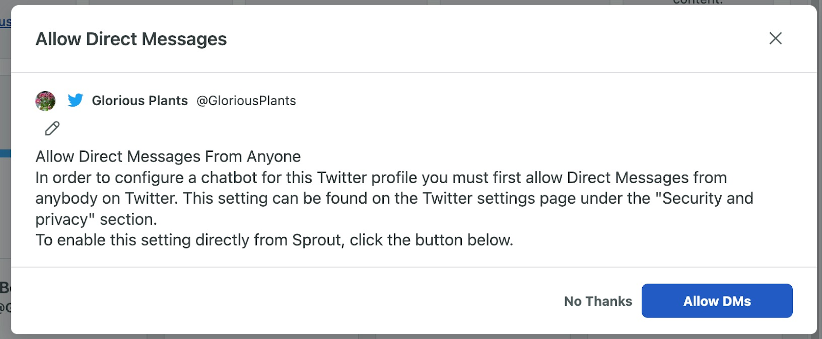 Screenshot of the pop up that users see to enable direct messages in the Sprout platform.