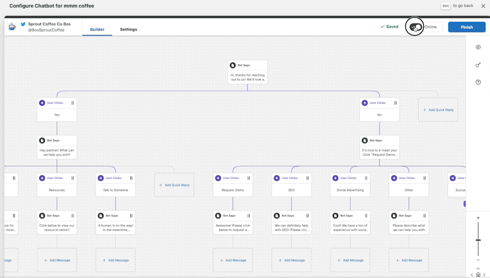 Screenshot showing where to toggle the bot online or offline.