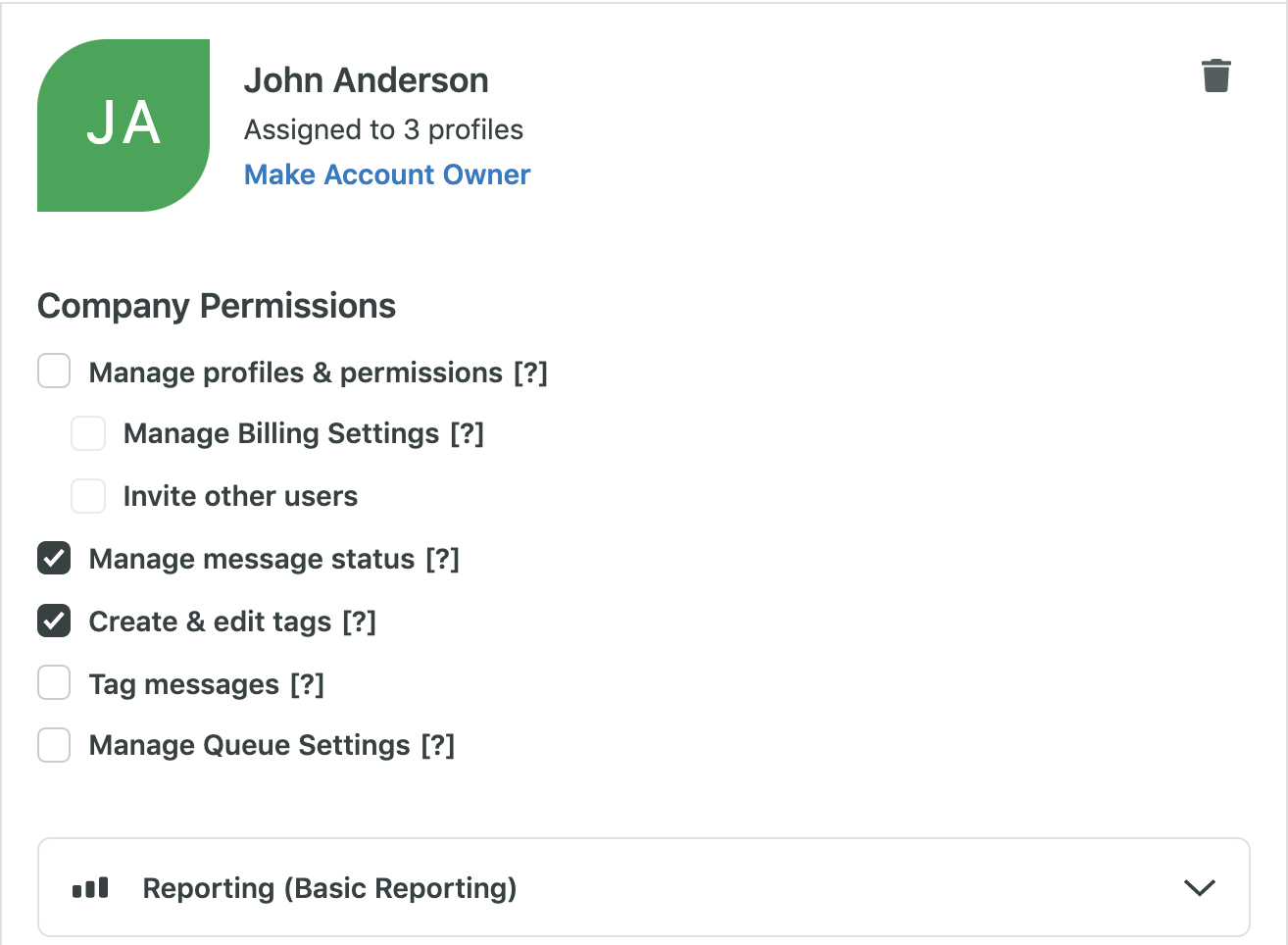 Screenshot showing the selected user with trash can icon in the corner and "Manage message status" and "Create & edit tags" selected.