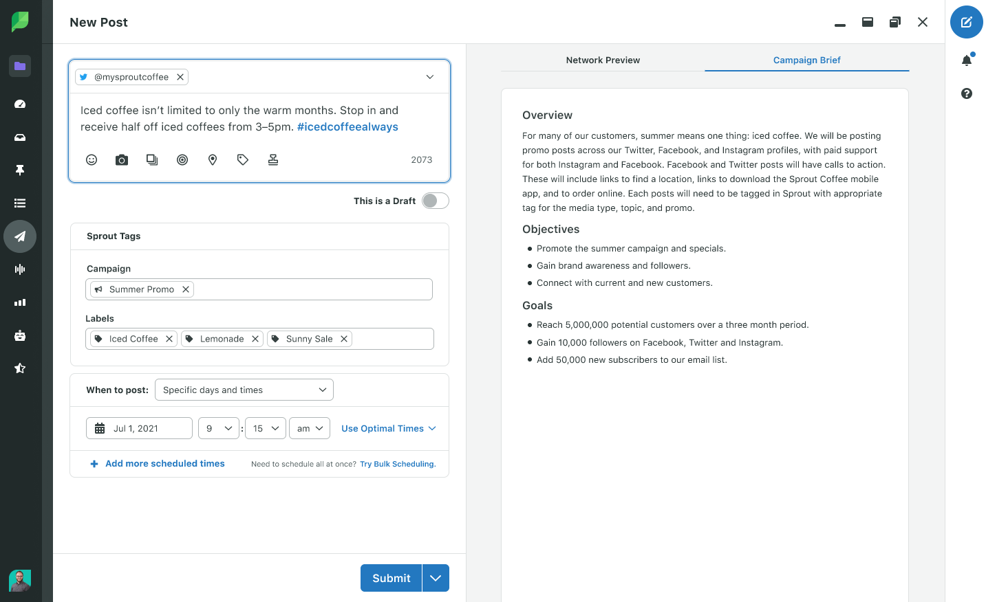 A screenshot of Sprout Social's Campaign functionality, showing the filled out campaign brief. 