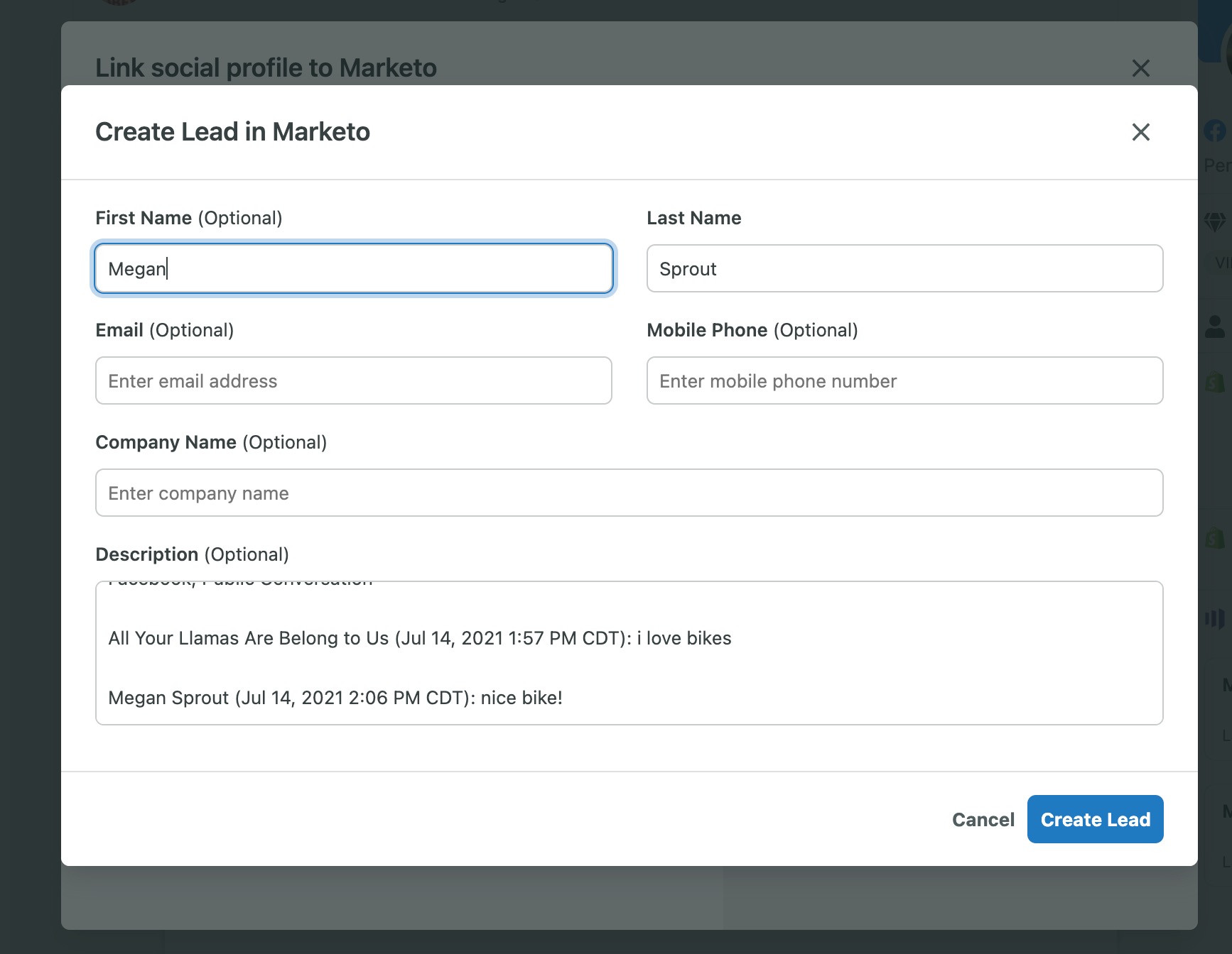 The Create Lead in Marketo window in Sprout Social to create leads and pass them over to Marketo directly within Sprout. 