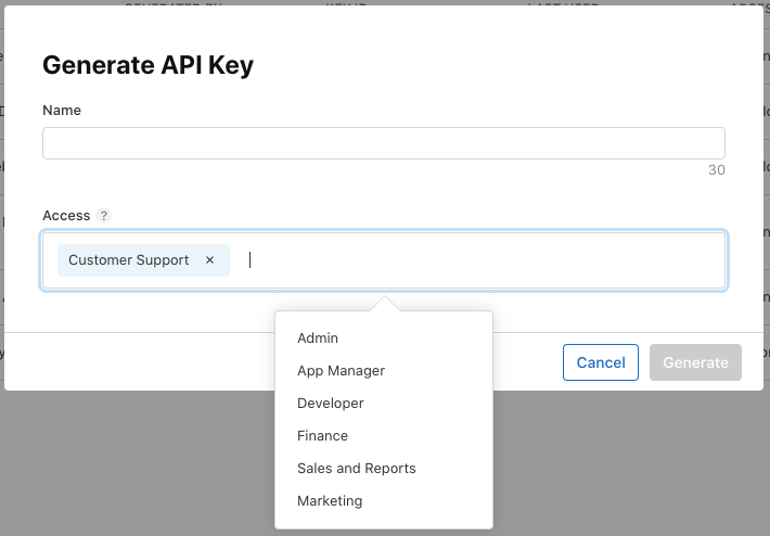 Generation modal showing Customer Support role selected from list.