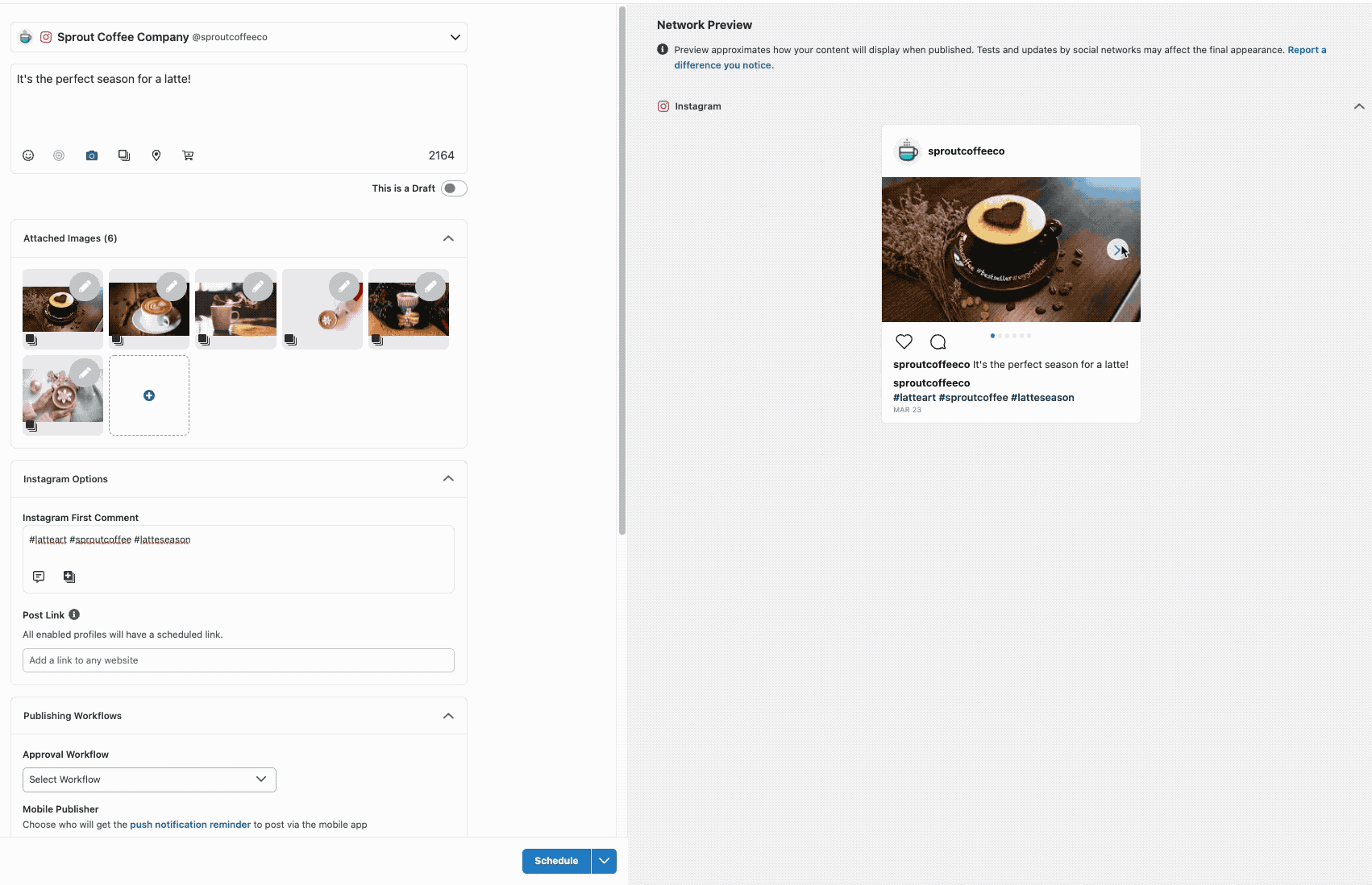 Gif of how to post an Instagram carousel from Sprout Social desktop app