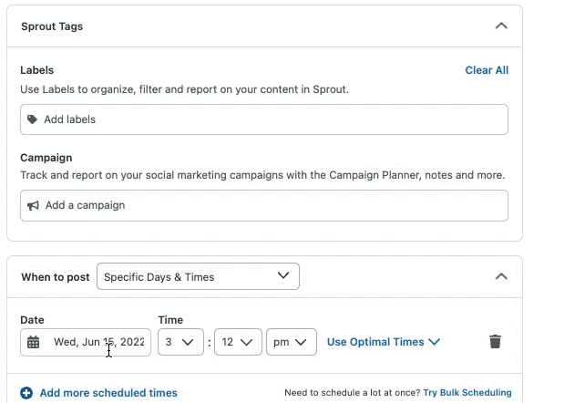 When to post screen in Sprout Social choosing date and time